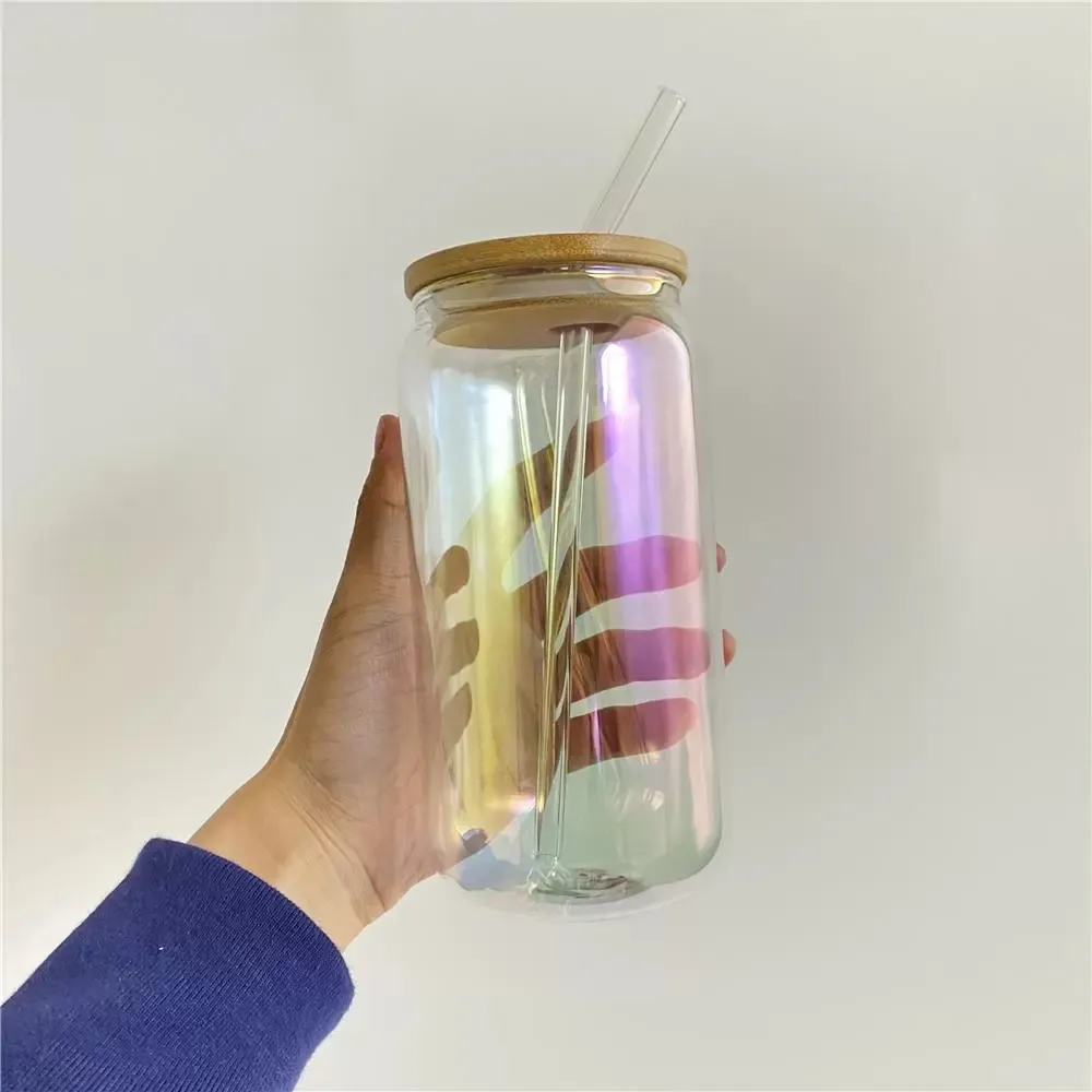 أكواب زجاجية قزحية الألوان 16 أونصة مع غطاء من الخيزران بألوان ليزر التسامي نظارات هولوغرافية شفافة كولا بيرة يمكن أن تشرب أكواب نقل الحرارة ذاتية الصنع