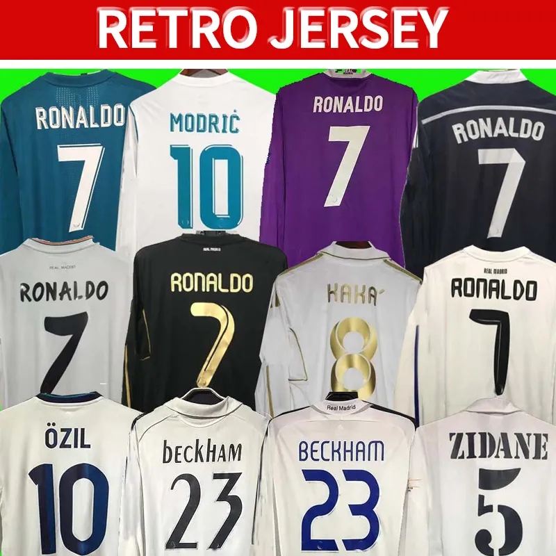 Real Retro Madrid Madrid Soccer Nella maglia lunga camicie da calcio Guti Ramos Seedorf Carlos 10 11 12 13 14 15 16 17 Ronaldo Zidane Beckham Raul 00 01 02 03 04 05 06 07 Finals Kaka