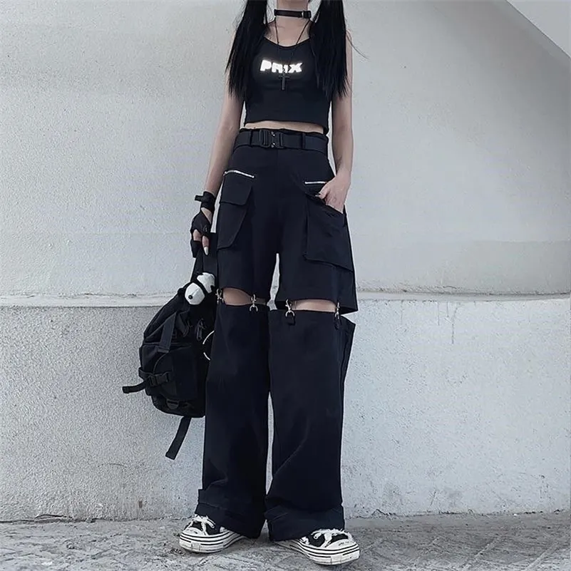 Deeptown Gothic Techwear Emo Black Cargo Pants Women Punk Hollow Hollow Out Wide Leg Pocket Bruishers for Temale Hip Hop 220813