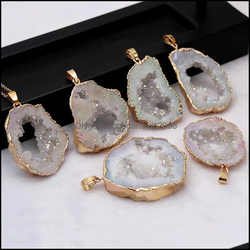hollow crystal druzy stone pendant necklace pink rose quartz chakras gold plating edged pendants for women gift jewelry