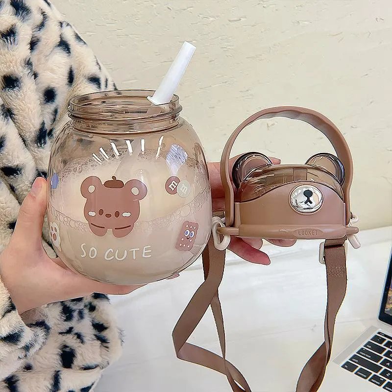 Cartoon bear plastic Water Bottles with straps for children`s portable outdoor straw belly cup students oblique cross drinking water bottle