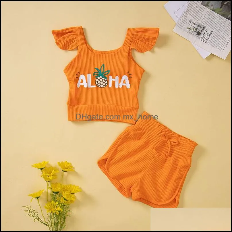 Conjuntos de ropa para niños y niñas, trajes para niños, manga voladora, letras, pino, Tops y pantalones cortos, 2 unids/set, moda de verano, Bo Mxhome Dhyzt