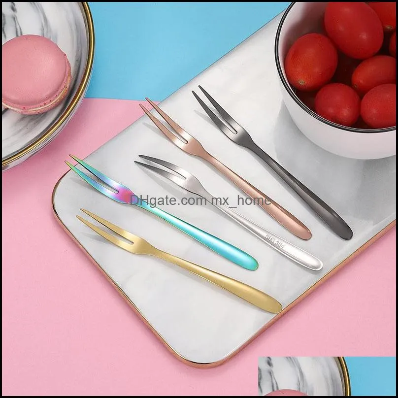 stainless steel fruit fork colorful metal dessert cake snack forks two tooth fruits tableware household for party flatware rre10785