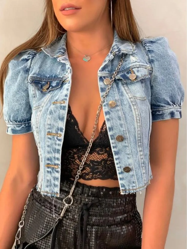 Damenjacken Mode Crop Denim Bomberjacke Ins 2022 Sommer Vintage Puff Kurzarm Street Wear Blue Jeans Mantel Frauen KleidungDamen