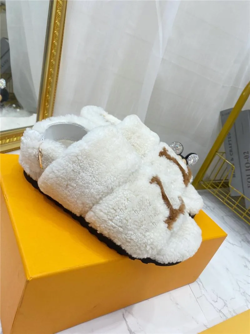 Designer Luxury PASEO FLAT COMFORT MULE SLIDES Slippers Sherpa Gray Mink Fur Bom Dia Flat Mules slipper With Box