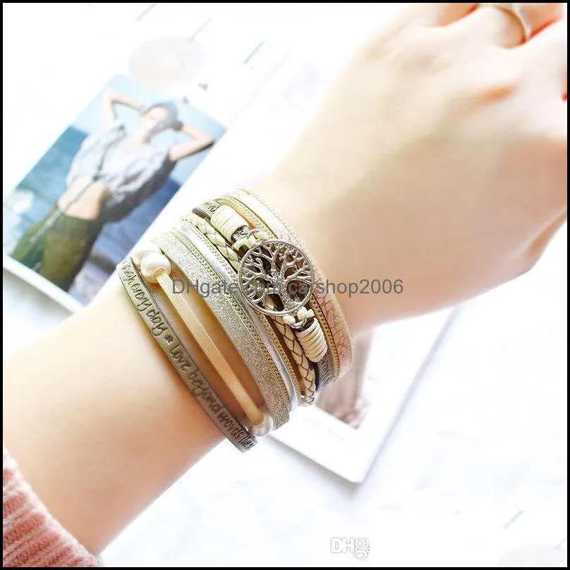 5 Colors PU Leather Bracelets for Women 2019 Fashion Tree of Life Ladies Bohemian Multilayer Wide Wrap Bracelet Men Women Jewelry