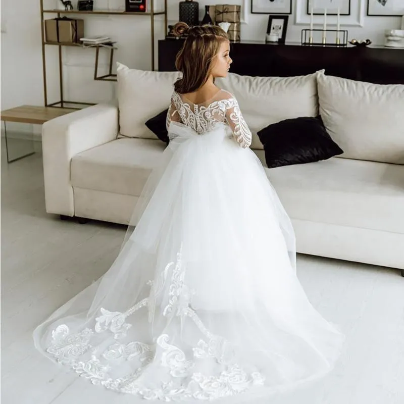 Girl's Dresses Cute 2022 Flower Girls Dress With Sleeves For Wedding Party Lace Puffy Bow Princess Ball Gown Little Birthday OutfitsGirl's