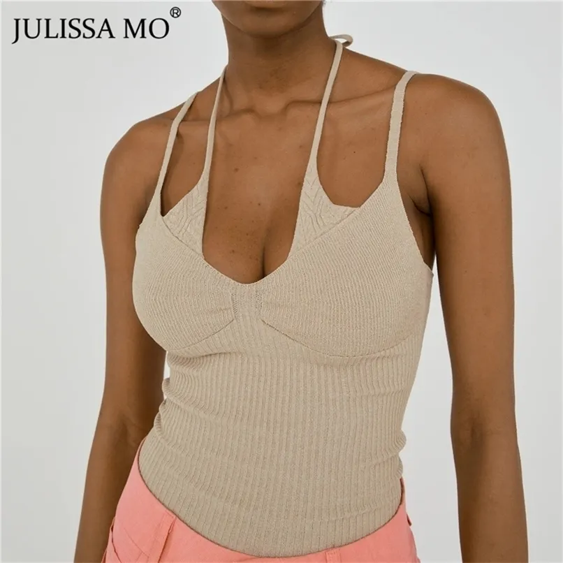 Julissa Mo Knitted Solid Short Crop Tops Women Skinny Halter Bandage Sweater Camis Female Sexy Sleeveless Tank Top Clubwear 220316