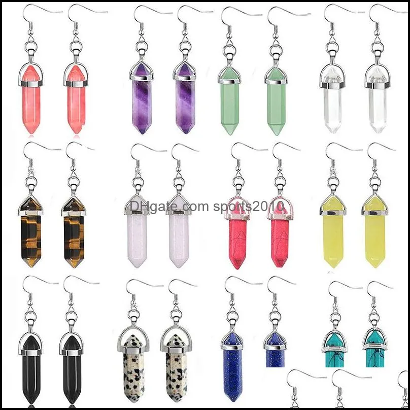 natural stone charms drop earrings bullet hexagonal lapis amethyst rose quartz crystal earring chakra pendulum jewelr sports2010