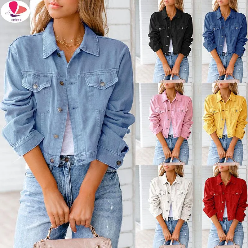 Jaquetas femininas Street Hipster Clothing 5 Colors Denim Jacket Woman Fashion Manga Longa Solid Casual Slim Short Coat Women's