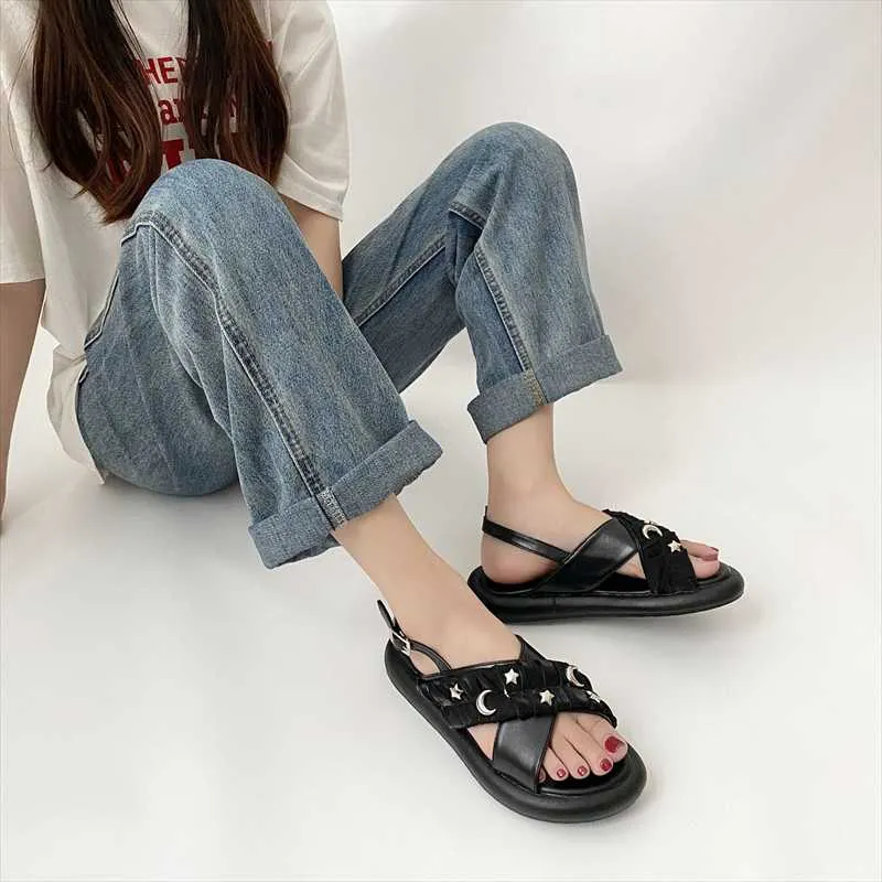 Sandals Women 2022 Black Fashion Ladies Flat Leather Casual Roman Shoes Summer Woman Open Toe Beach