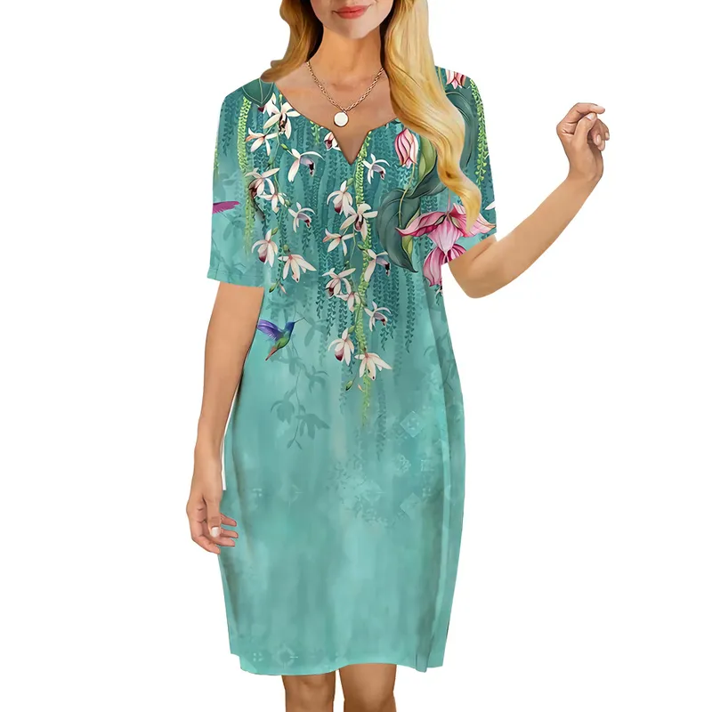 Vintage Floral 3D Printed V-Neck Short Sleeve Shift Dress for Women - Loose Casual Missguided Party Dresses (220616)
