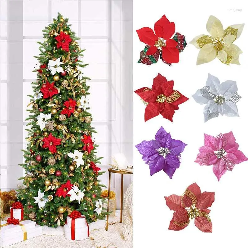 Christmas Decorations 3/6pcs 22cm Large Flowers Glitter Poinsettia Flower Xmas Tree Decoration For Home DIY Wreath Accessories Year