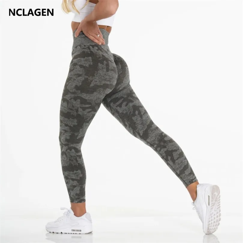 NCLAGEN Leggings senza cuciture mimetici da donna Sport Vita alta Sollevamento fianchi Controllo pancia Collant da palestra Allenamento Fitness Pantaloni elastici da yoga 220629