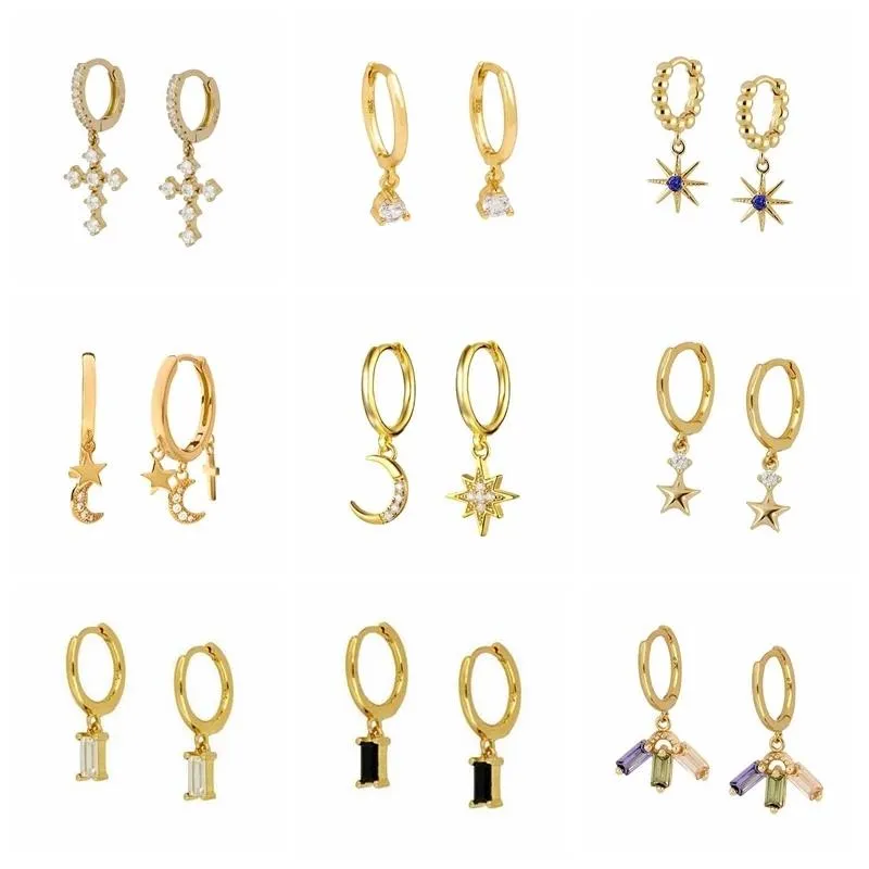 Hoop Huggie Trendy Small Zircon Moon Star Cross Pendant Earrings for Women 925 Sterling Silver Gold Color Hoops smycken pendientehoop