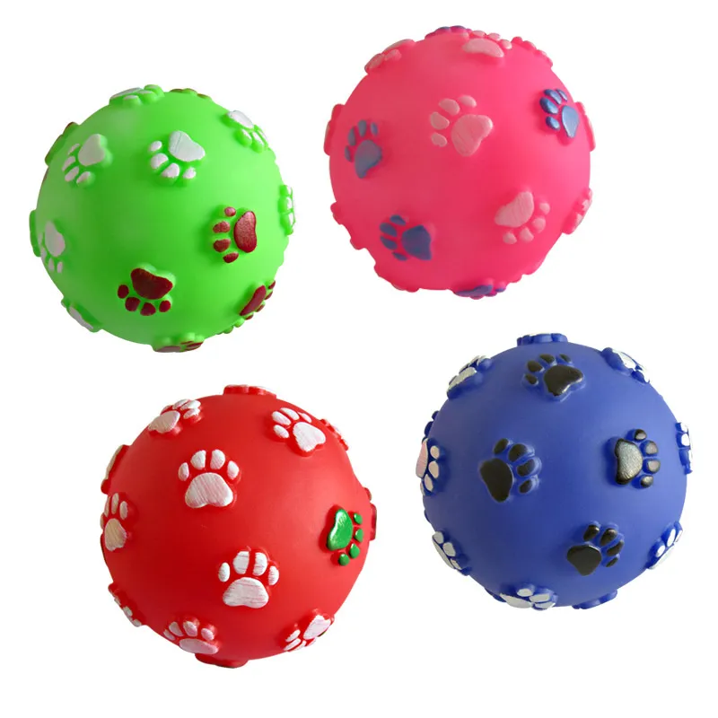 Divertente Pet Dog Foot Stampa Palla Giocattolo Suono colorato Stridulo Giocattoli per cani Gatti Gomma morbida Masticare Suoni Palle interattive Giocattolo