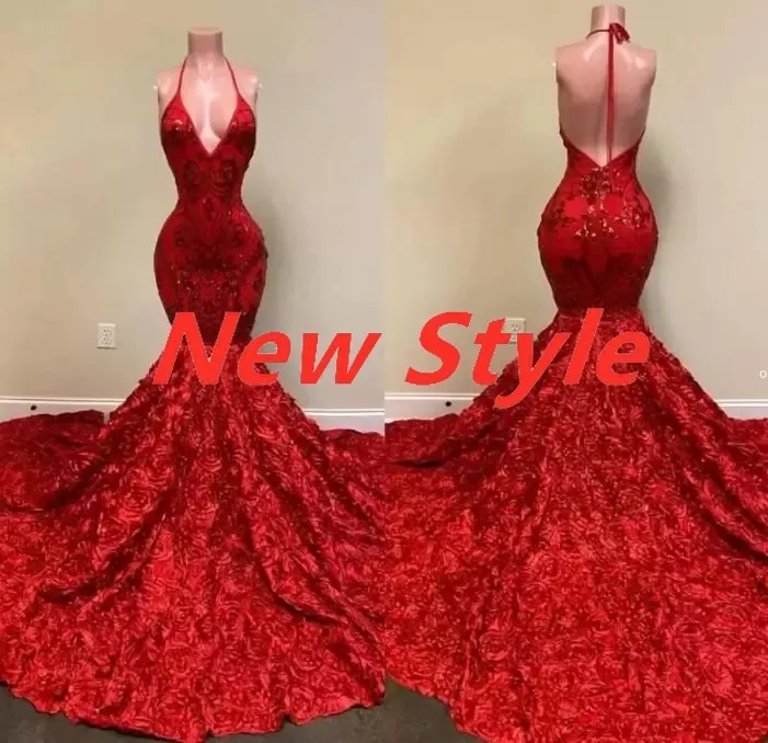 UPS 2022 Sexy Backless Red Evening Jurken Halter Deep V Neck Lace Appliques Mermaid Prom jurk Rose Ruffles Speciale gelegenheid feestjurk B B