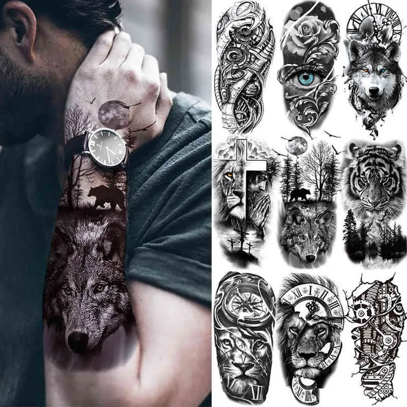 NXY tatouage temporaire forêt noire autocollant pour hommes femmes enfants tigre loup mort crâne faux henné squelette roi Animal Tatoo 0330