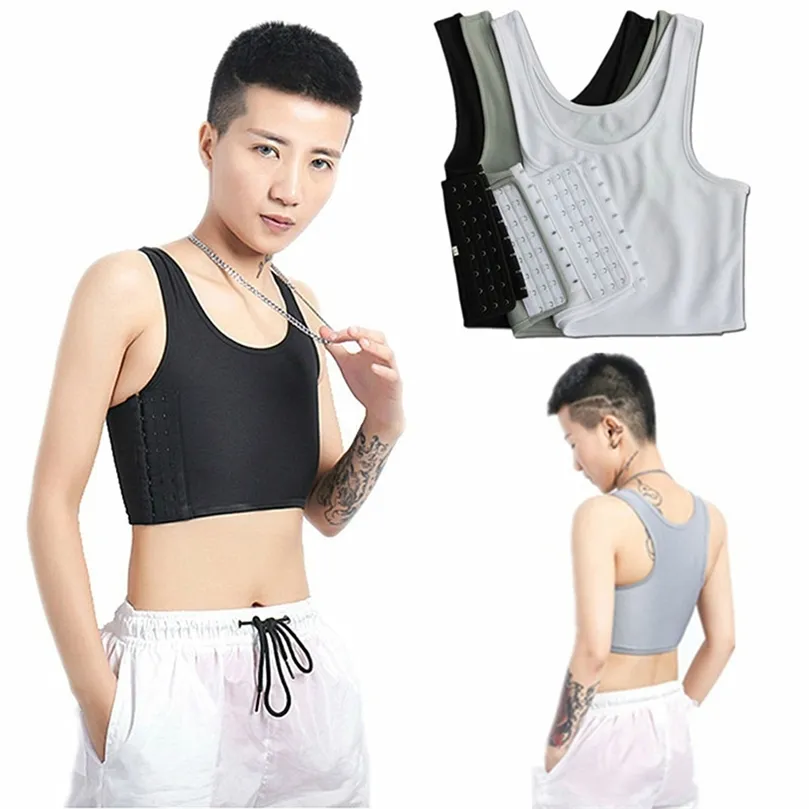 Lesbian Sportwear Chest Trans Crop Top Flat Breast Binder Les Corset Stretch Body Shaping Buckle Tomboy Bra Tank 220614