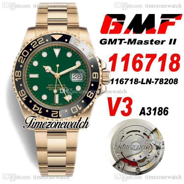 GMF V3 GMT II 116718 A3186 Montre automatique pour homme Or jaune 18 carats Lunette en céramique Cadran noir Bracelet en acier OysterSteel 904L Carte de garantie Super Edition Timezonewatch R6