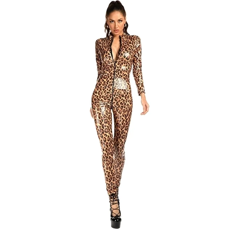 Shiny PVC Zipper Open Crotch Jumpsuit Erotic Nightclub Wear Rompers Sexy Leopard Jumpsuits Women Wet Look Faux Leather Bodysuits 220714