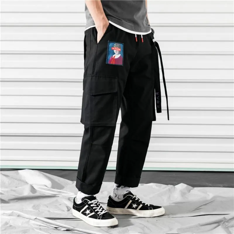 남성 바지 ZK 2022 포켓화물 하렘 망 캐주얼 조깅 헐렁한 리본 전술 바지 Harajuku Streetwear 힙합