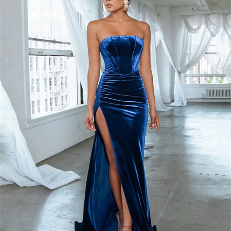 Sexy rückenfreies Korsett mit hohem Schlitz, elegantes Samt-Abendkleid, Kleid für Damen, modisch, solide, Party, Club, formale lange Maxi-Kleider W220421