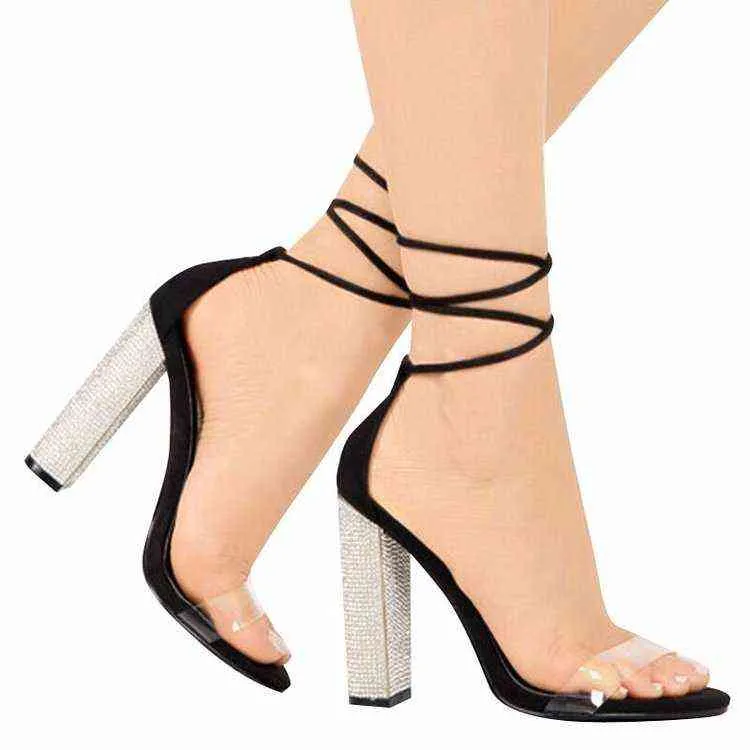 2Colour Sexy Women Heeled Sandals Bandage Rhinone Ankle Strap Pumps Super High Heels Square Heels Lady Shoes Big size 43 G220425