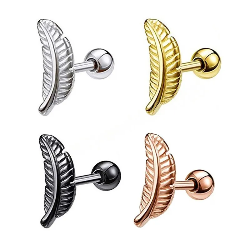 Feather Stud Earrings for Women Men Stainless Steel Screw Ear Piercing Cartilage Tragus Helix Daith Earring Body Jewelry