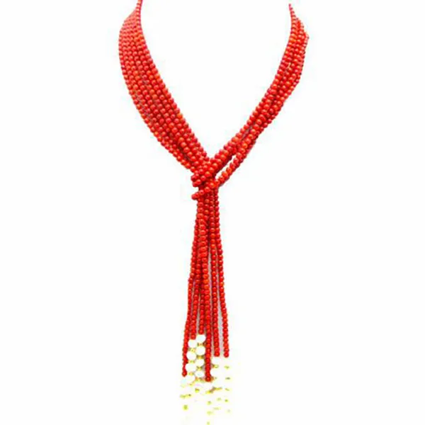 3mm Natural Pink/red/orange Coral Necklace Women White Pearl 3 Strands Long Necklace 45''