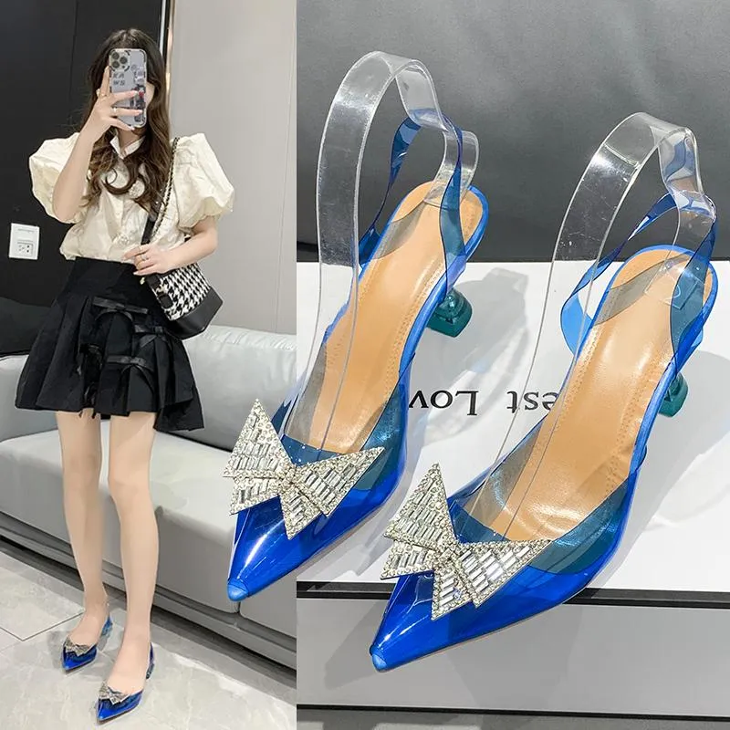 Dress Shoes Transparent PVC Sandals Women Pointed Clear Crystal Slingback High Heel Stilettos Sexy Summer Peep Toe Dress
