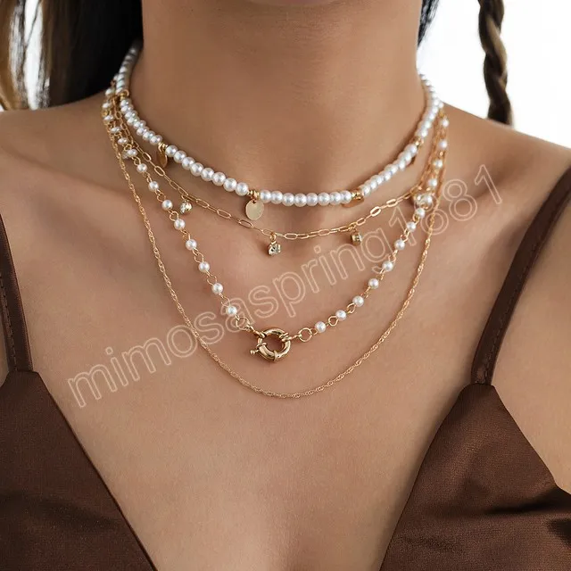 Exquisite weiße Nachahmung Perle Handgemachte Kette Halskette Braut Hochzeit Pailletten Kristall Zirkon Anhänger Nacken Schmuck