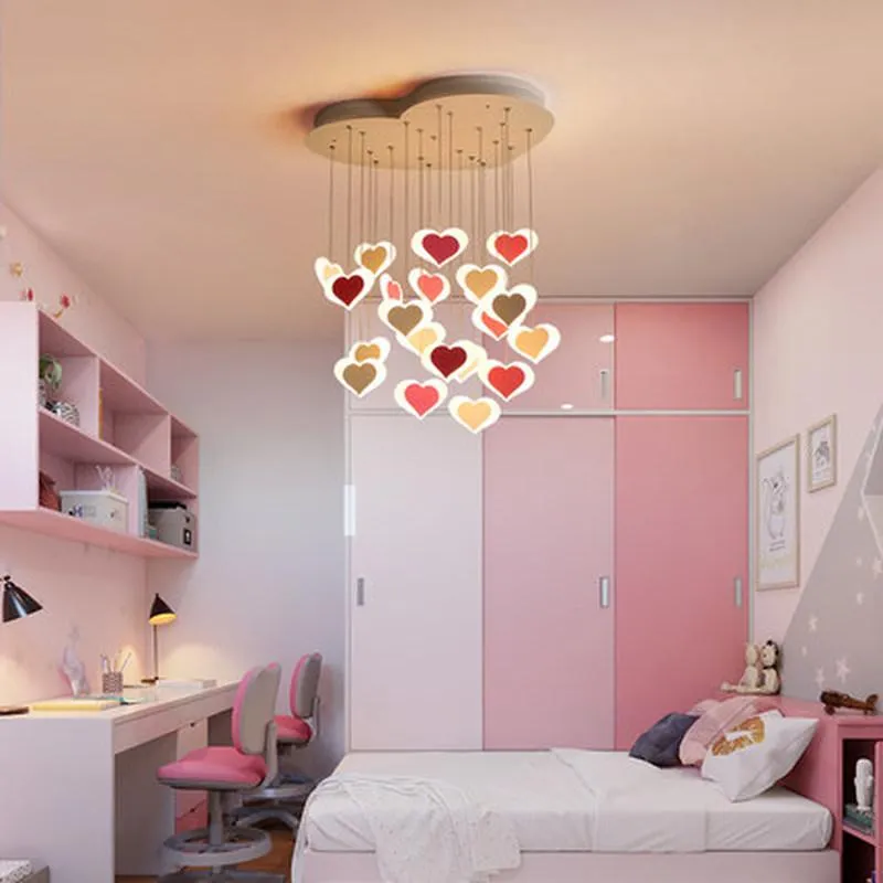 Hanglampen Noordelijke moderne eenvoudige liefde plafondlamp meisje slaapkamer kinderkamer cartoon creatieve romantische roze hartvormige kroonluchter