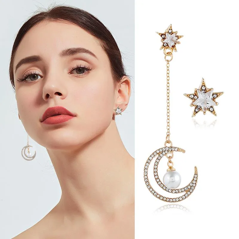 Cuelga candelabro Vintage Rhinestone estrella Luna pendientes asimétrico encanto borla largo para mujer joyería de moda regalo colgante