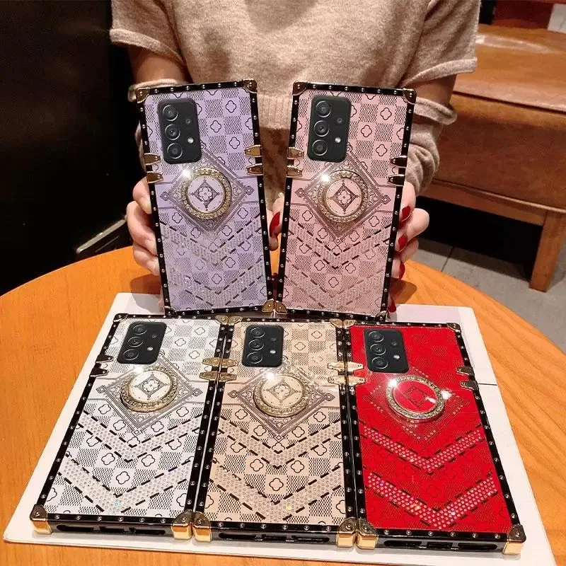 Diamond Set Checkerboard Rhombus Square Luxury Phone مع حامل لـ iPhone 13 12 11 Pro Promax XS