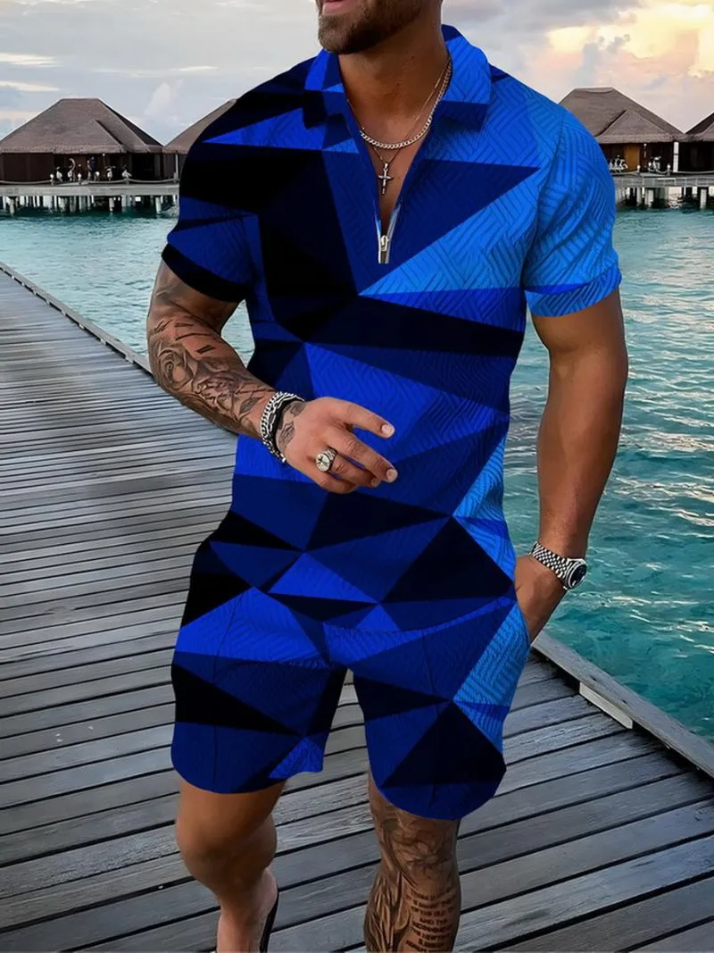 Men's Polos Men's Suit Fashion Men Sets Printed 2022 Streetwear V-neck Short Sleeve Shirt & Shorts Two Pieces Casual SuitMen's Men's