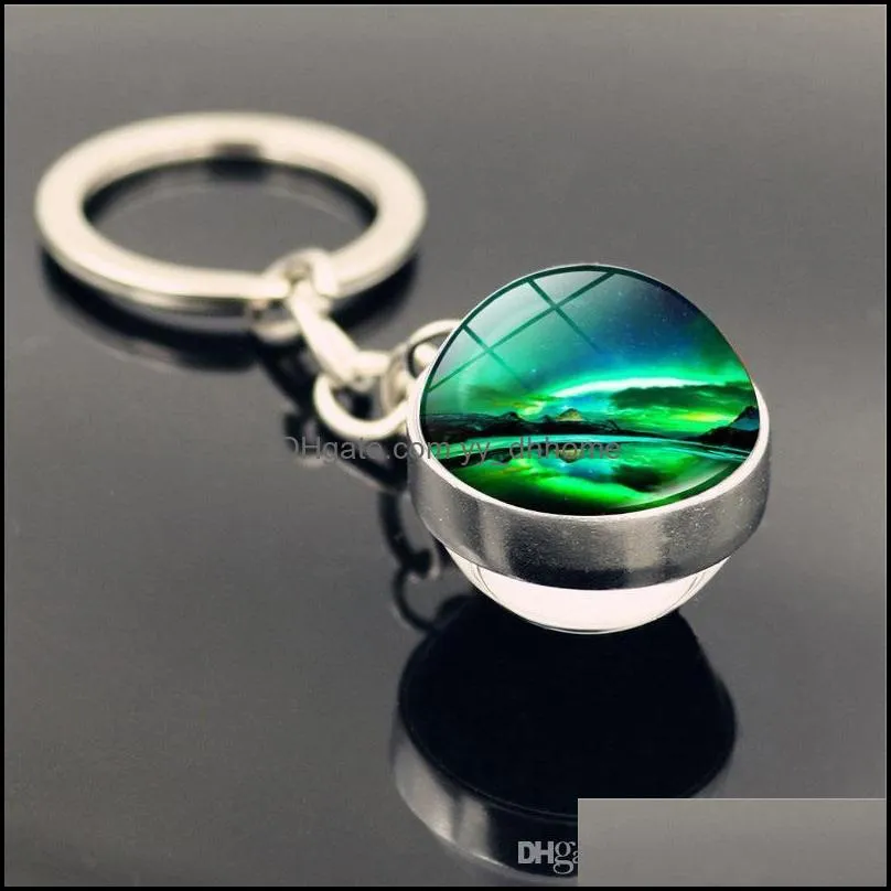 Northern Lights Time Gem Keychain Keyring Double-sided Glass Ball Charm Pendant Keychain Fashion Creative Women Men Jewelry Best Friend