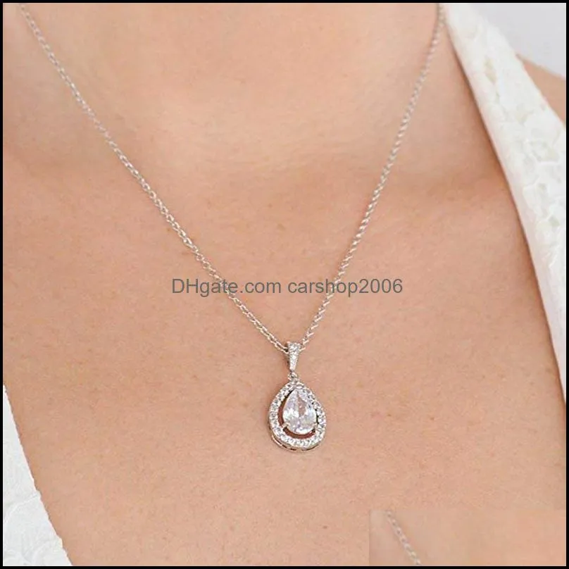 New Fashion Crystal Zircon Stone Necklace Water Drop Zircon Pendant Necklace For Women Girls Gold Silver Color Jewelry Bridesmaid Gift