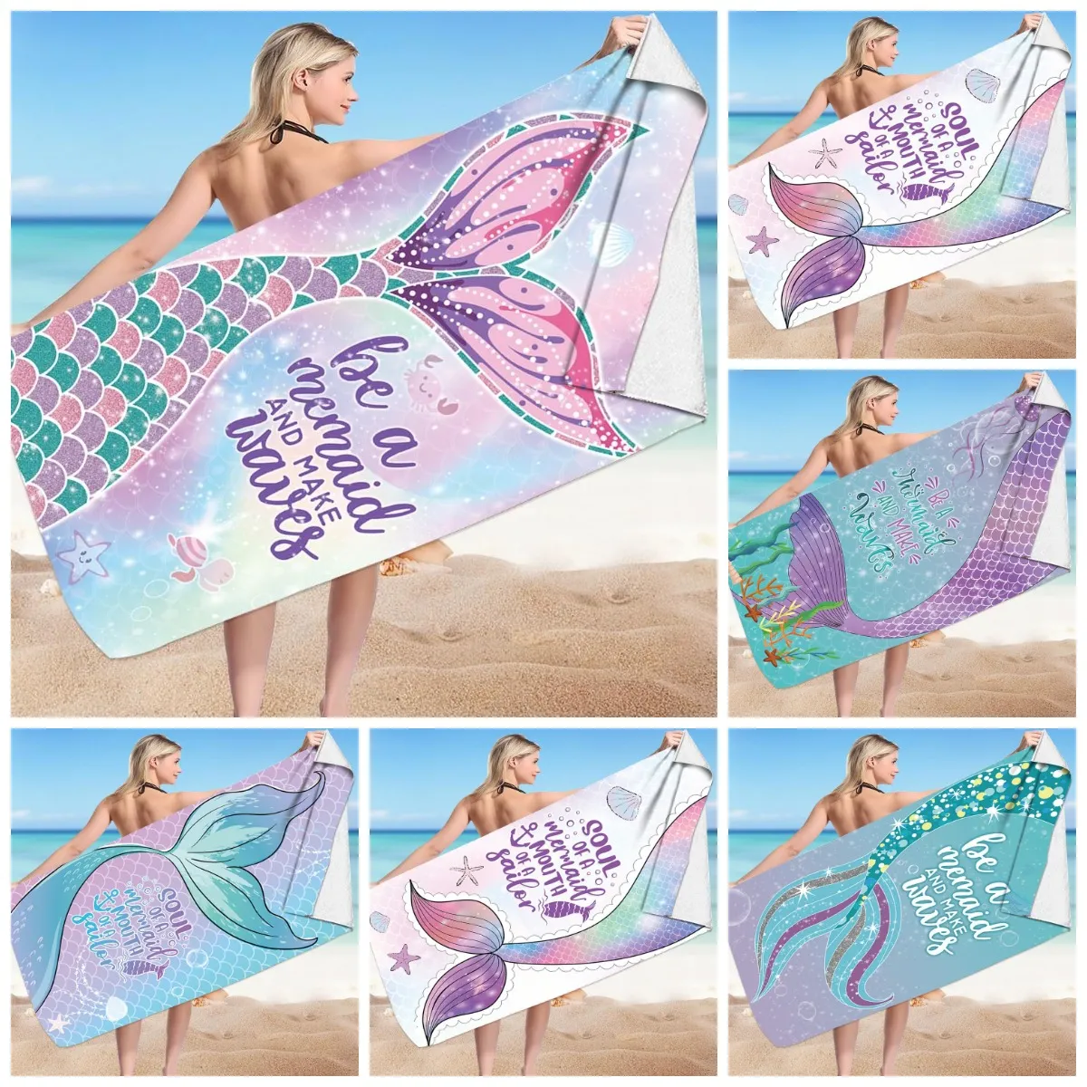 Mermaid Beach Handtücher 3D -Druck Mikrofaser Absorbierende Badetücher Rechteckige 75x150 cm Erwachsene Kinderbadhandtuch Großhandel GROSSE
