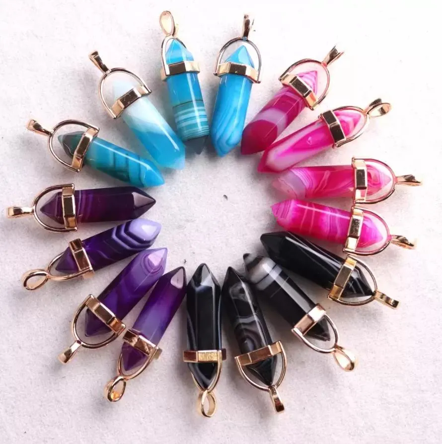 fashion stripe light blue pink onyx stone charms bullet shape point chakra gold pendants for jewelry making sports2010