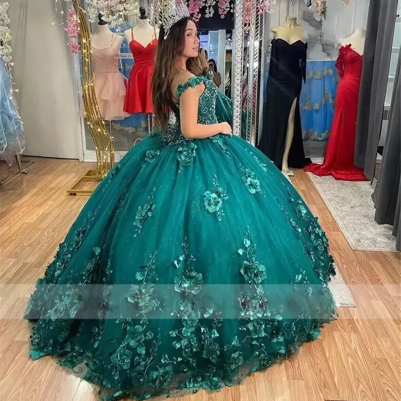 2022 مثير الزمرد الأخضر quinceanera كرات فساتين 3D الزهور الزهور الزهور الدانتيل الدانتيل حبات الكريستال طول الأرض