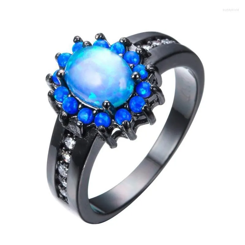 Anéis de casamento por atacado Luxo feminino oval oval Blue Fire Opal Ring Cz Crystal Jewelry Gift Bridal noivado Party Band Tamanho 5 - 12