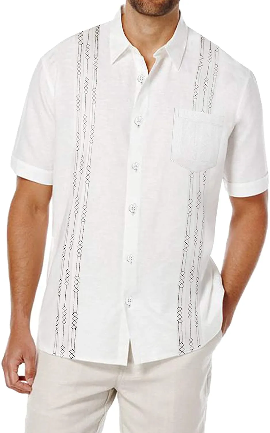 Camisa de linho de manga curta masculina Tops Cuban Tops Pocket Guayabera camisas