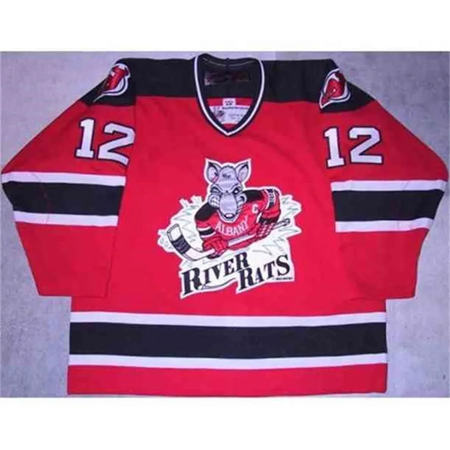MThr # 12 Ilkka Pikkarainen Vintage 90s Albany River Rats Hockey Jersey تطريز مخيط تخصيص أي رقم واسم قمصان