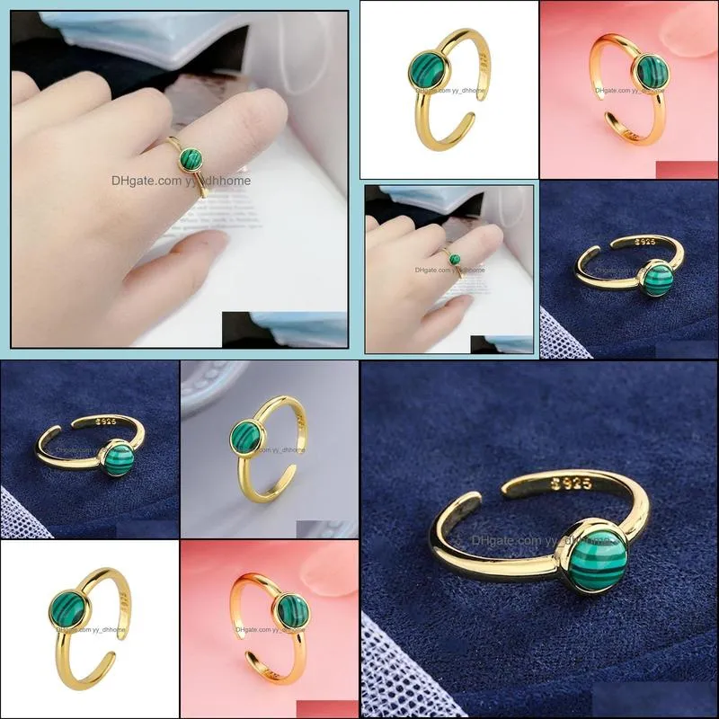 18K Green Malachite Round Gem Ring Female Fashion Simple Gold Creative