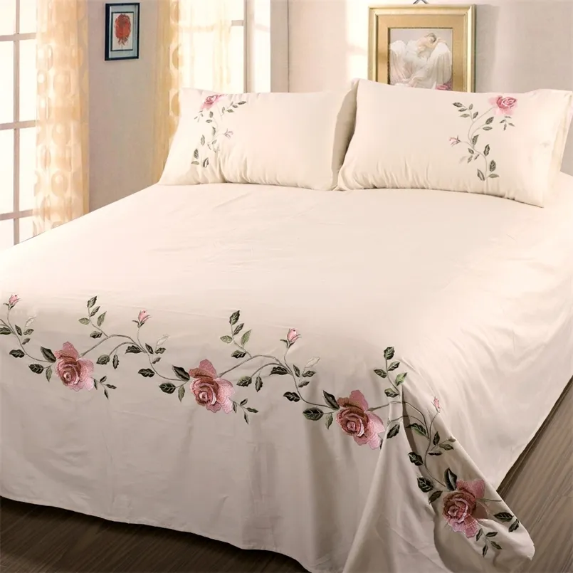 Bomull Twill broderad lakan Set Luxury Bedding Wrinkle Fade Resistant Hypoallerenic Sheet Fase Queen 220514