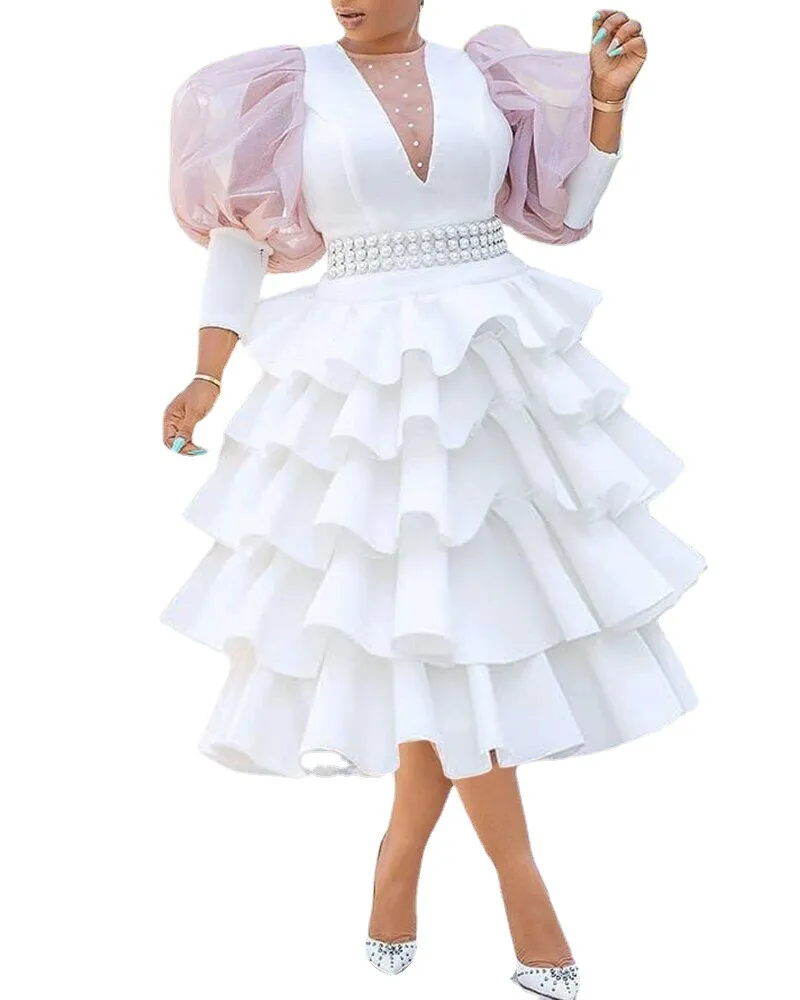 Mulheres Africanas Plus Size White Party Dress Vintage Slow Sleeve Bonito Ruffle Tiered Summer Spring Spring Ladies Club Mini