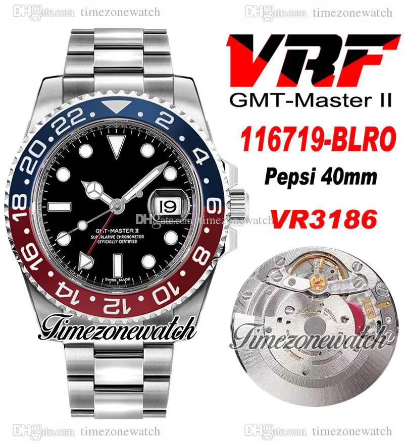 VRF V3 GMT II BLNR VR3186 Orologio da uomo automatico Pepsi Rosso Blu Lunetta in ceramica Quadrante nero Acciaio 904L OysterBracciale in acciaio Stessa scheda seriale Super Edition Timezonewatch C3