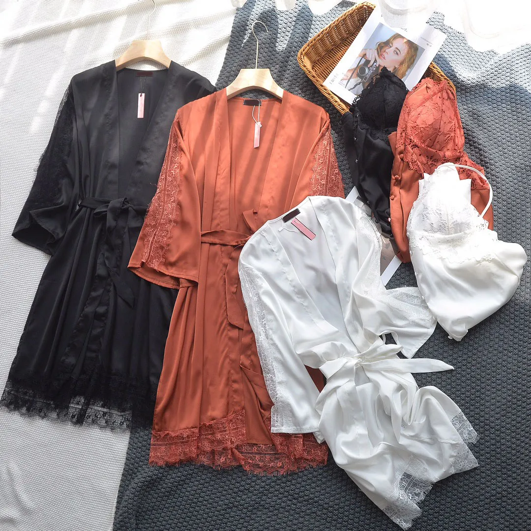 여자 속옷 섹시 잠옷 실크 잠옷 패턴 벨트 인쇄 3 쿼터 슬리브 새틴 V 목에 우아한 저녁 라운지웨어 슬립 드레스와 로브 2 조각 1 크기