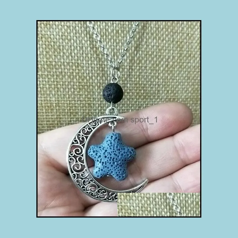 fashion silver color starfish lava stone moon necklace volcanic rock aromatherapy essential oil diffuser necklace for women jewelry